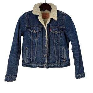 Levis Sherpa Lined Denim Trucker Jacket Women Medium Indigo Blue 361360013